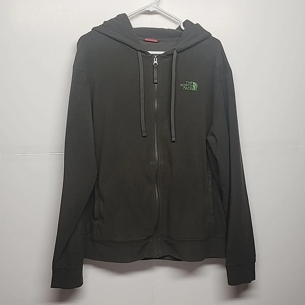 The North Face olive green embroidered  long sleeve hooded sweatshirt.
